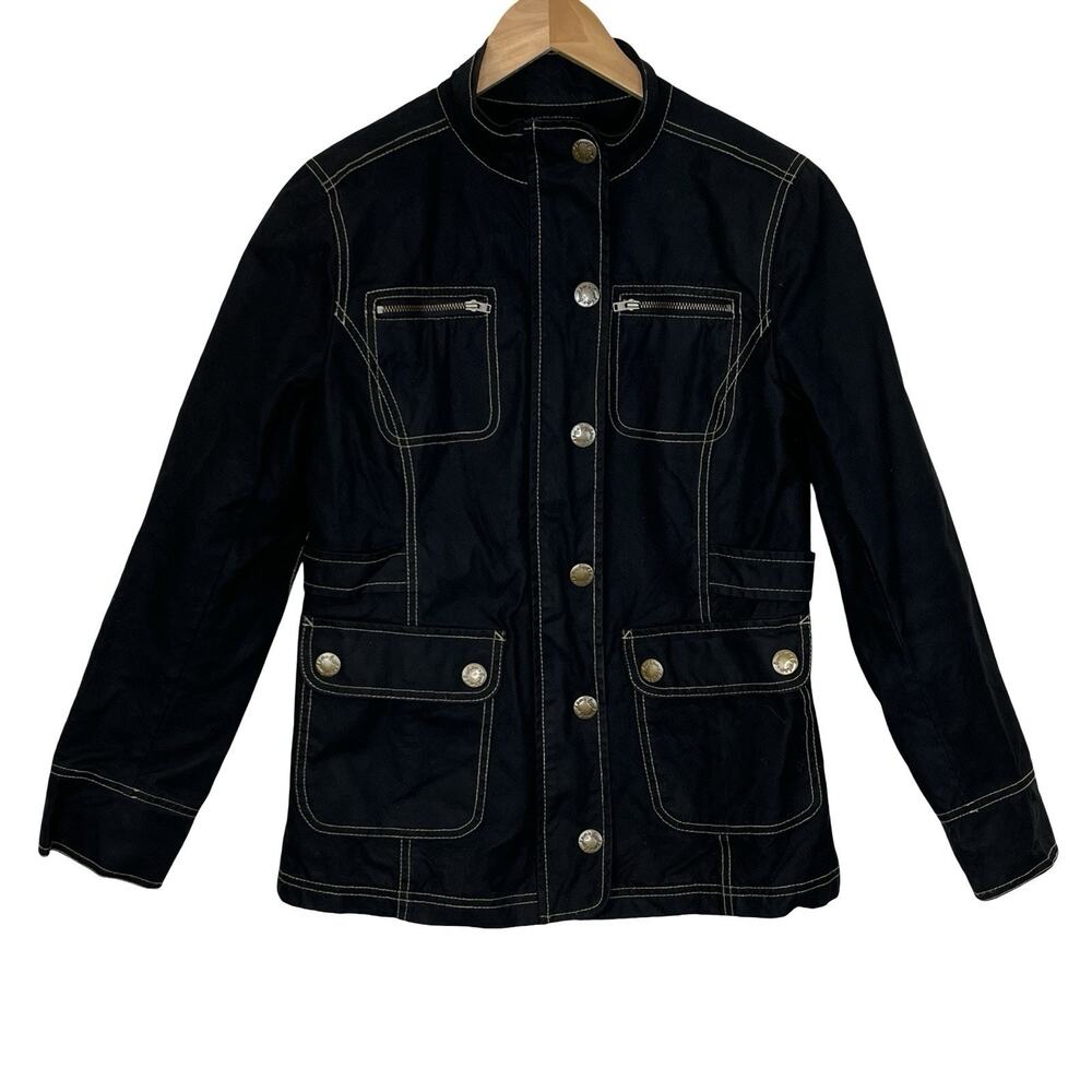 Boden Waxed Cotton Jacket Black Contrast Stitch Utility Pockets Size 10 - Picture 2 of 16